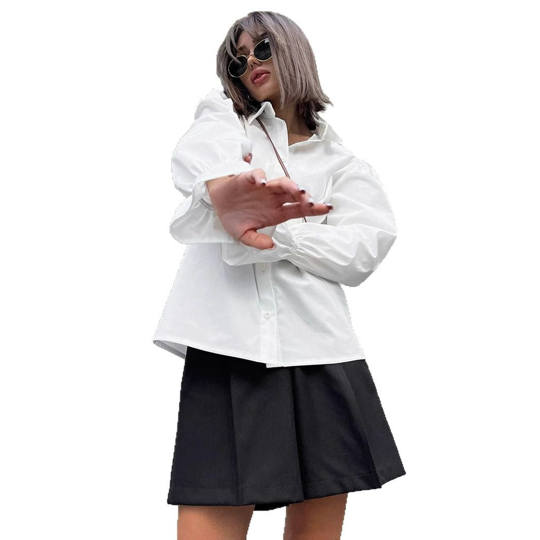White Loose Puff Sleeves Shirt Women's Top