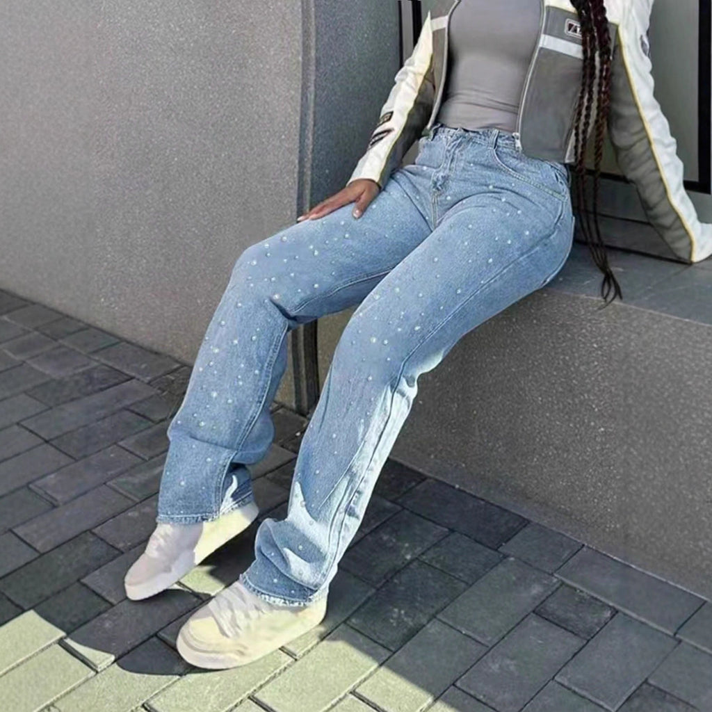 Elegant Elegant Party Rhinestone Women Wide-leg Jeans