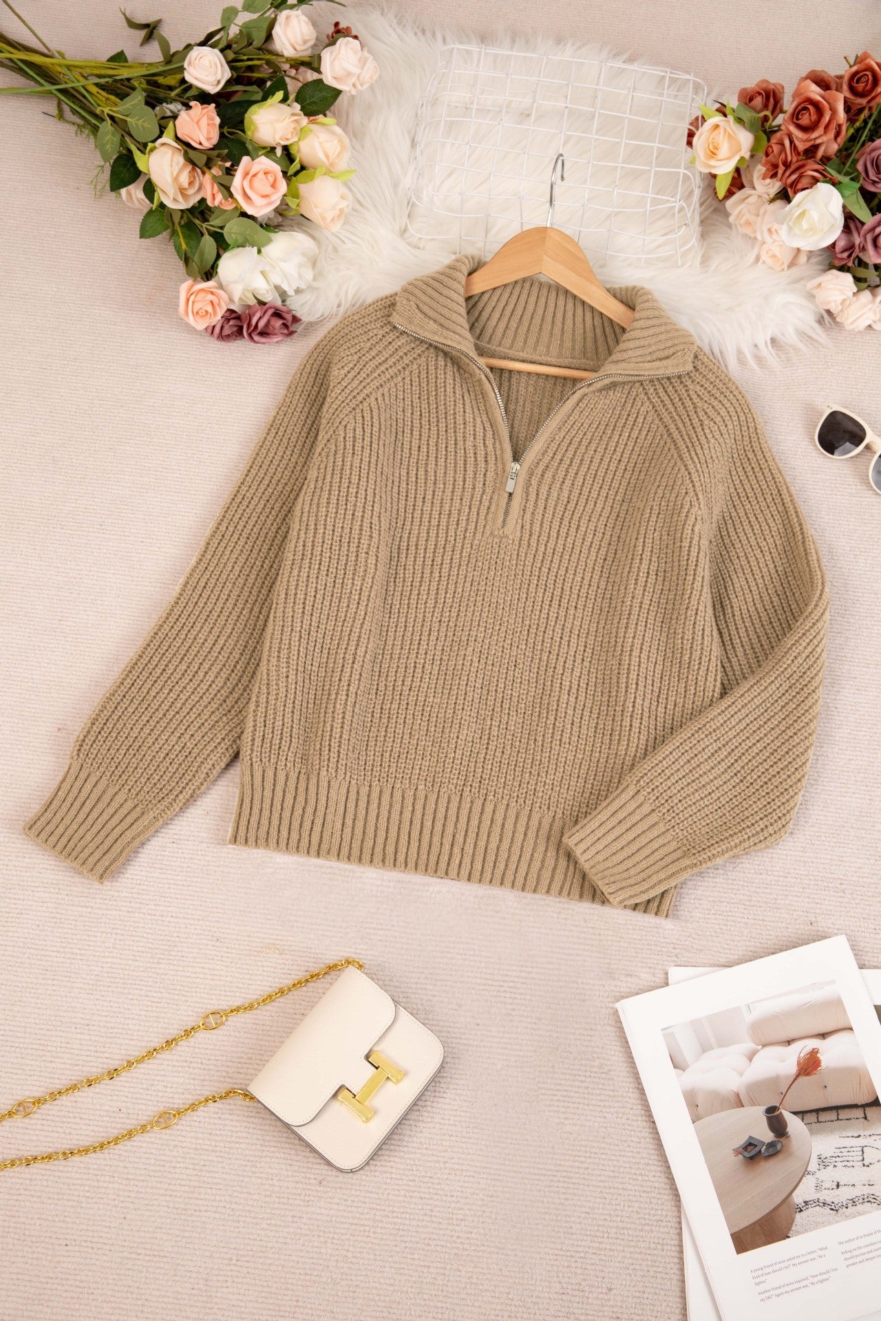 Half Open Placket Zipper Pullover Knitted Top