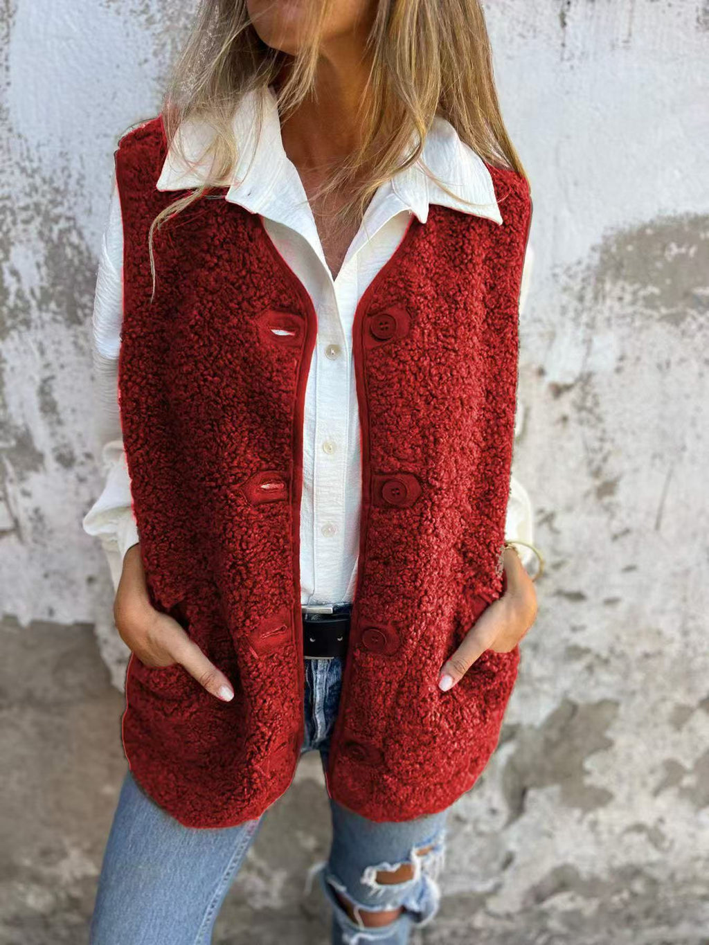 Lambswool Fleece Button Jacket Vest Coat