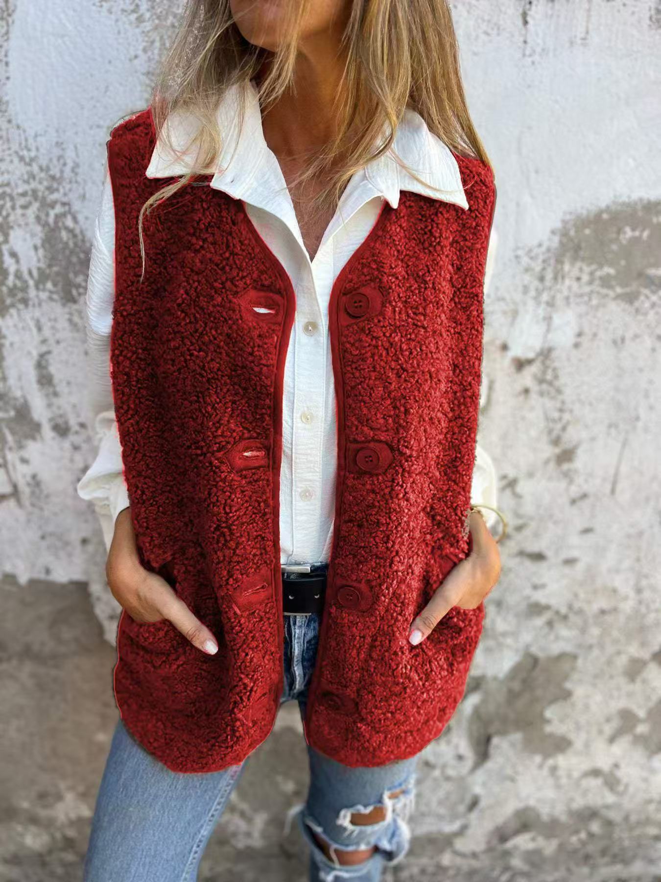 Lambswool Fleece Button Jacket Vest Coat