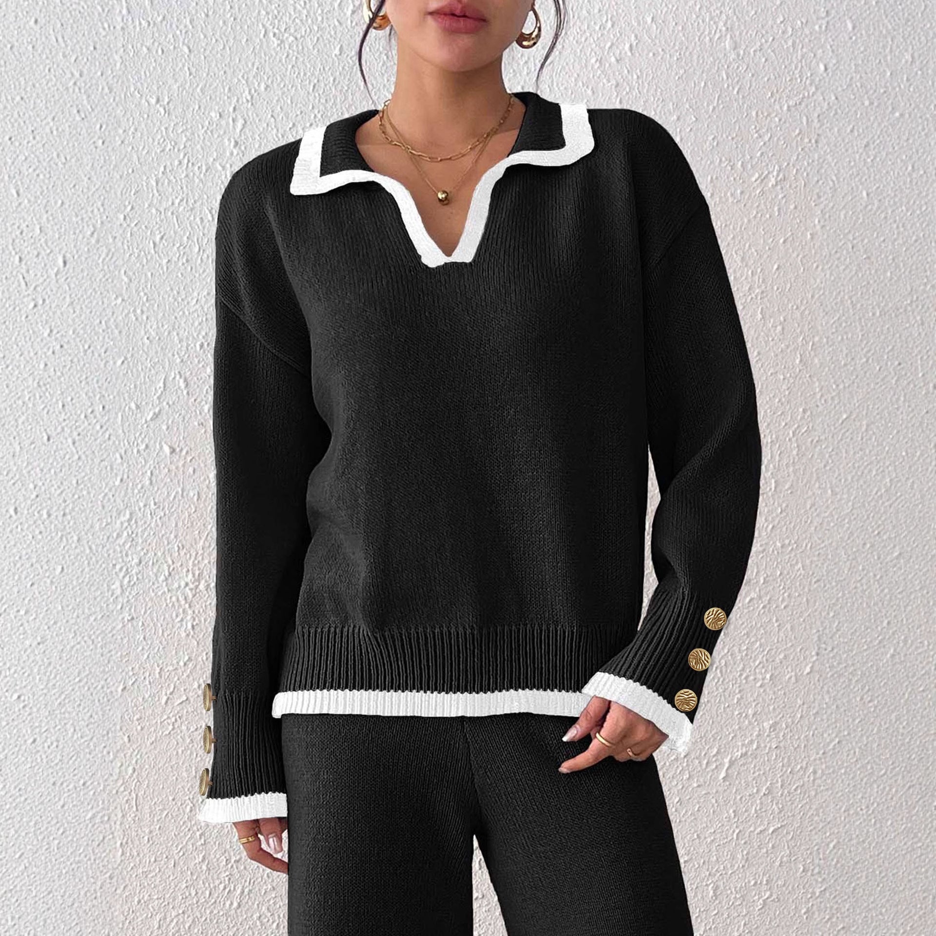 Women's Lapel Color Contrast Patchwork Gold Fastener Decoration Top