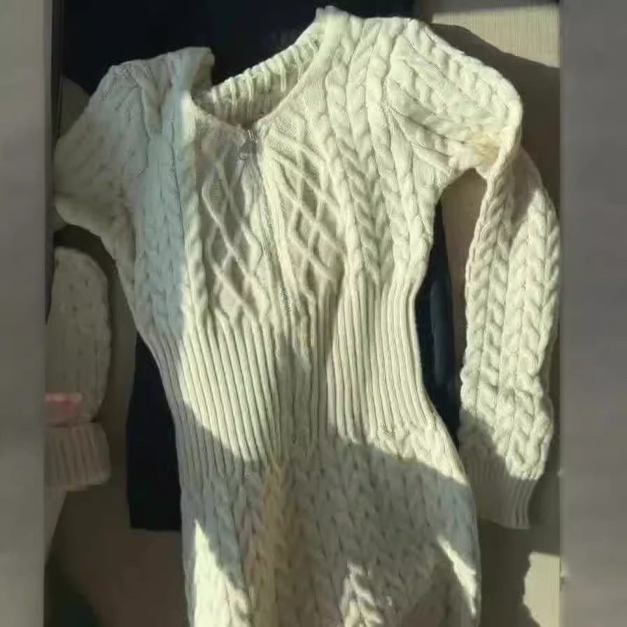 Embossed Zipper Casual Knitted Dress Women