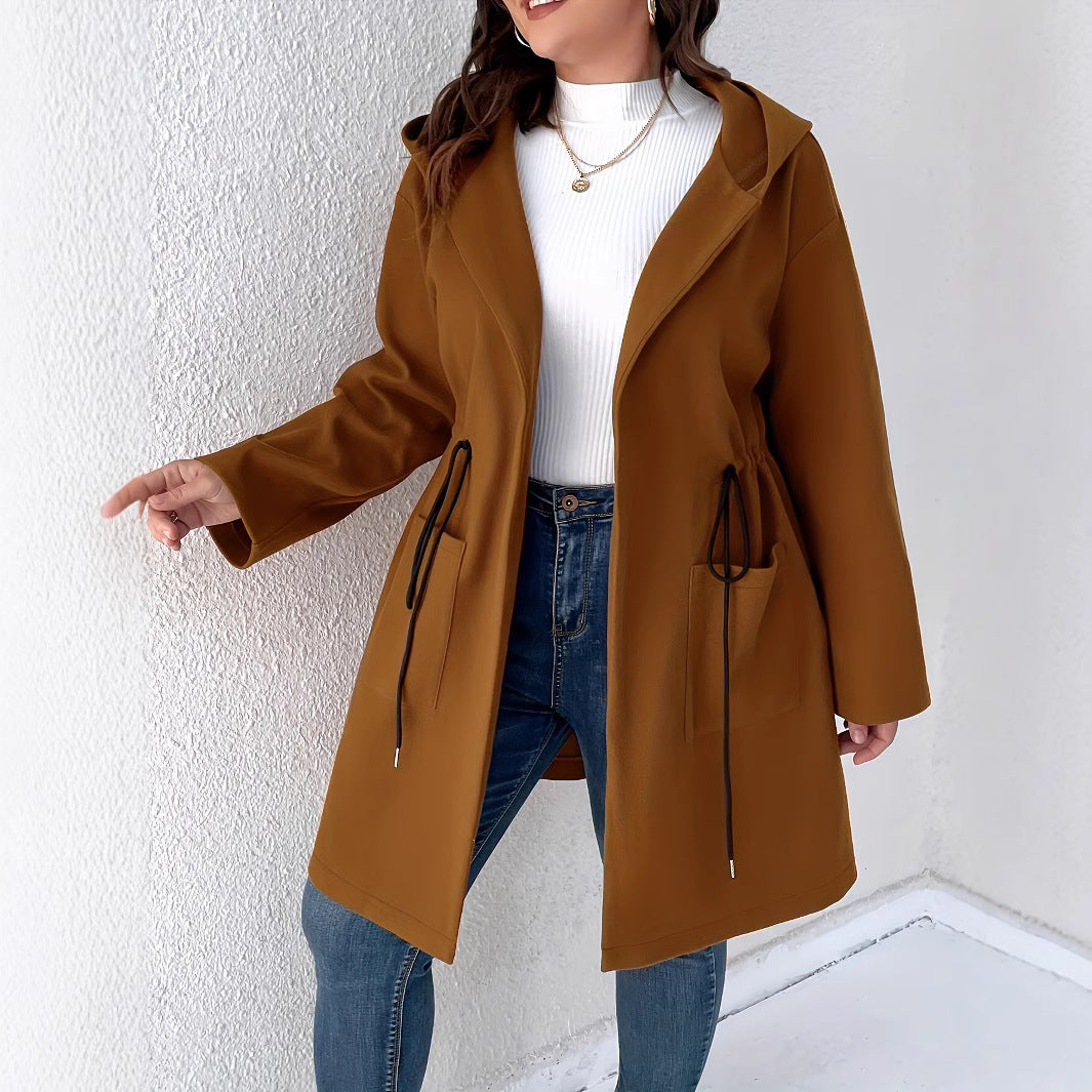 Solid Color Drawstring Pocket Elegant Coat