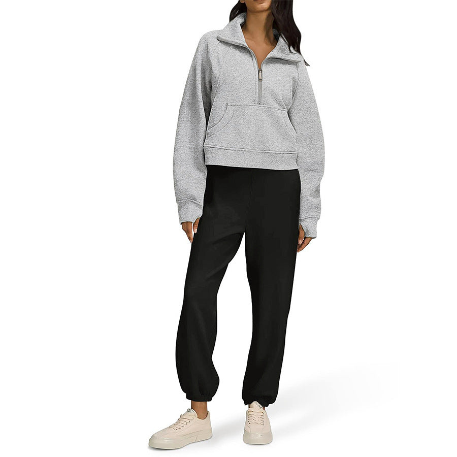 Autumn And Winter Fleece Sweater Half Zipper Coat Stand Collar Pocket European And American Style Women Sweater