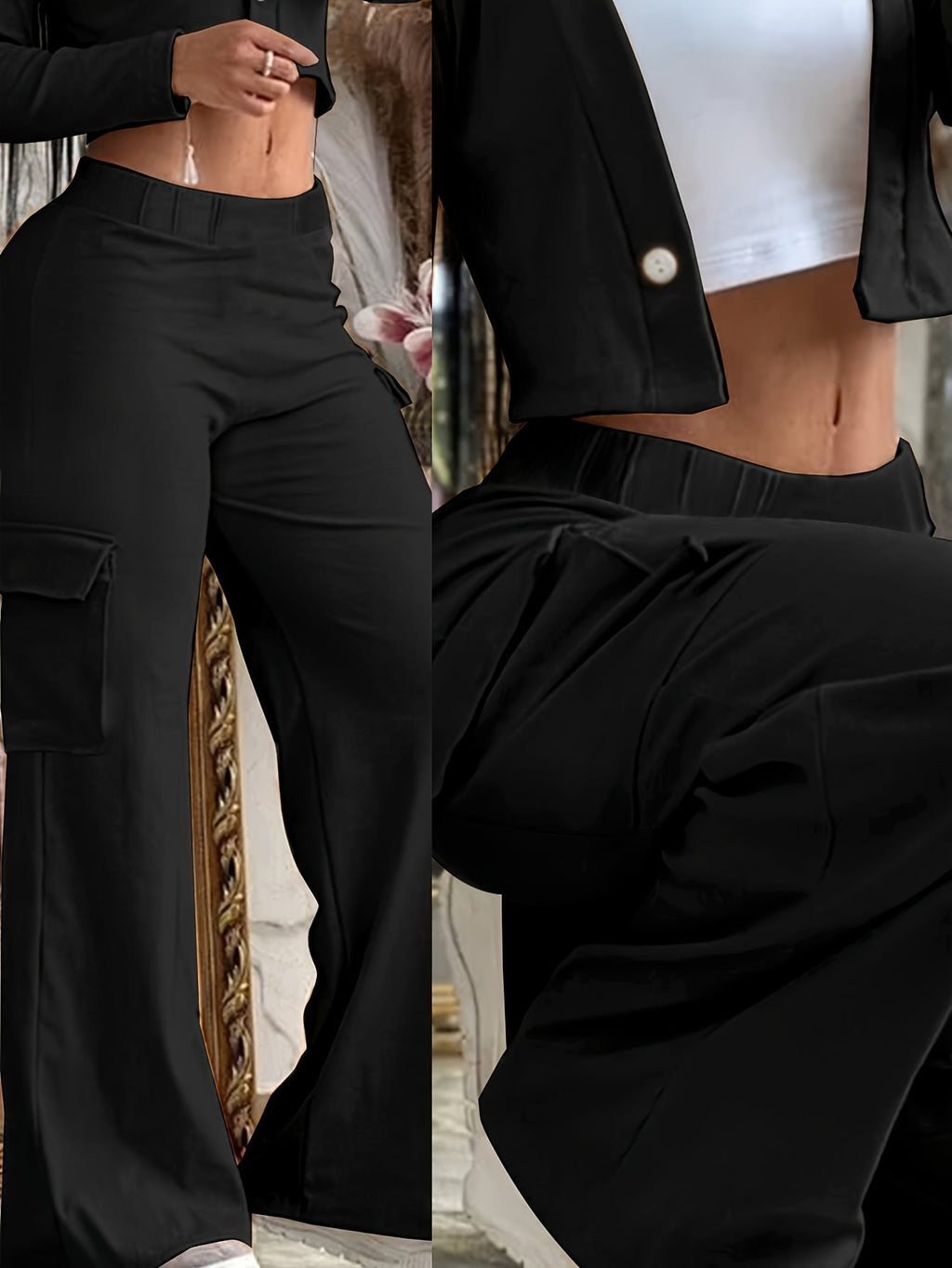Black Wide Leg Multi-pocket Comfortable Trousers