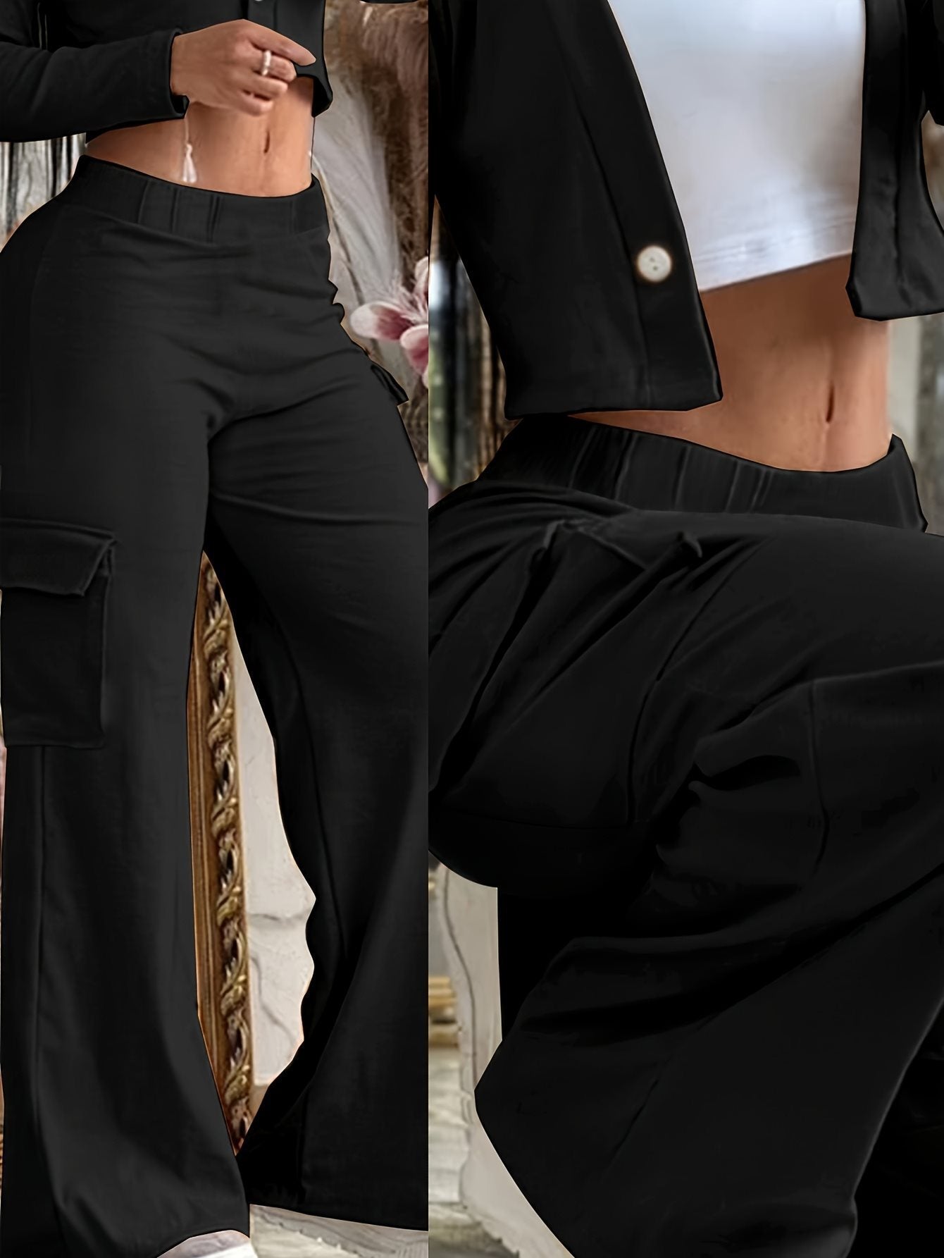 Black Wide Leg Multi-pocket Comfortable Trousers