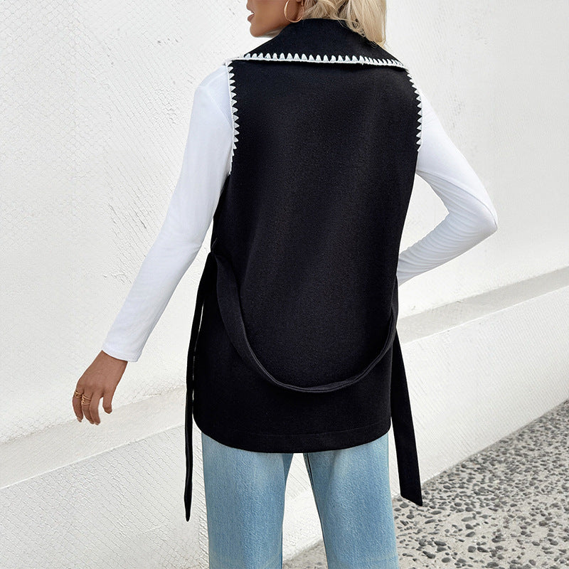 Casual Simple Lace Cardigan Lapel Contrast Color Trim Vest Coat Women