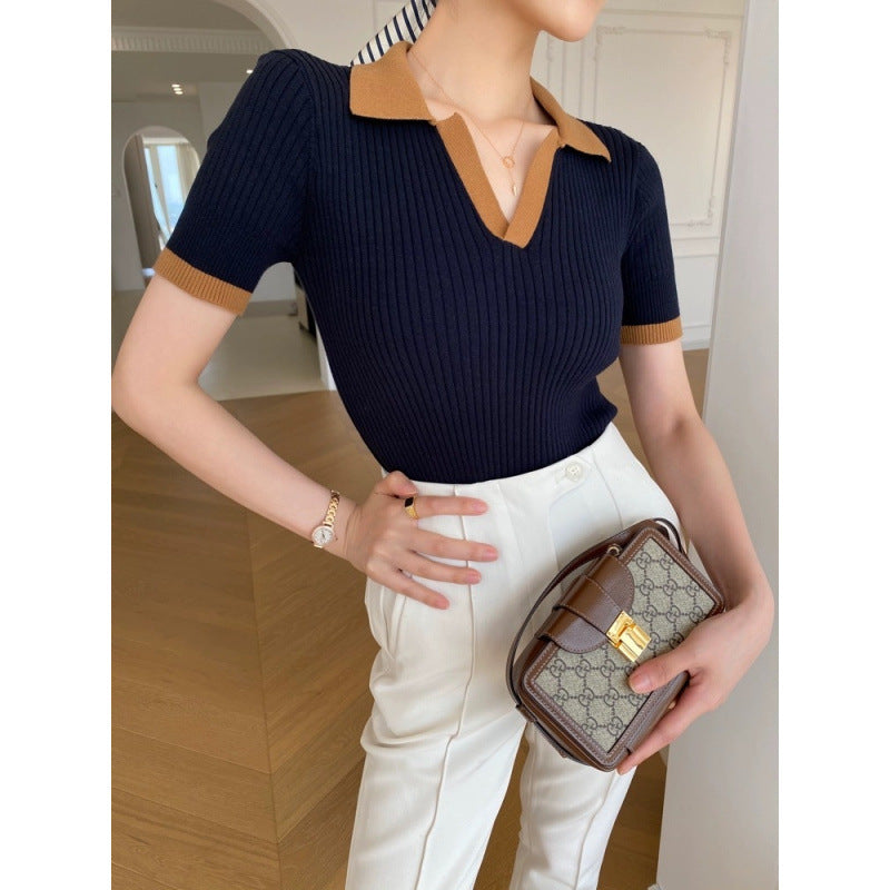 Women's French Retro Color Effect Collar Knitted Short Sleeve