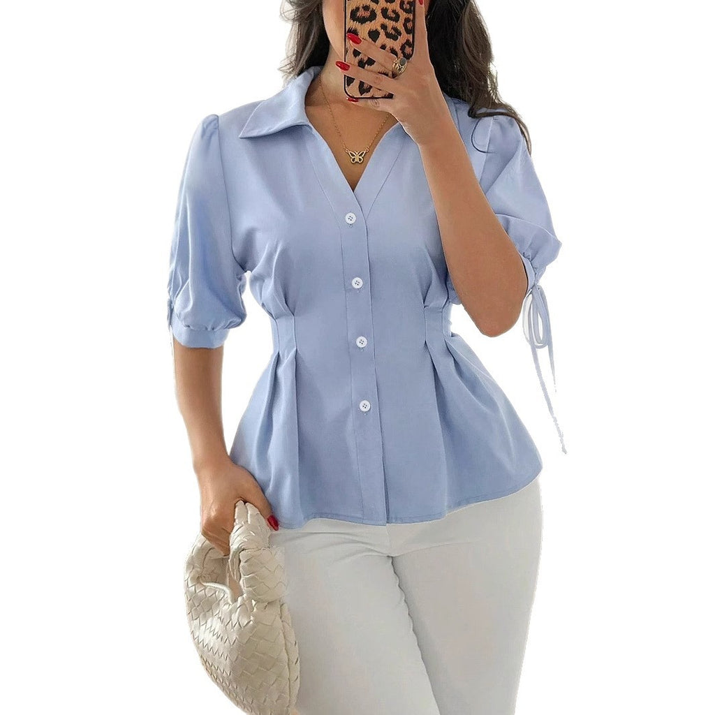 Polyester Women's Waist Tight Waist A Swing Short Sleeve Cuff Lace-up Shirt