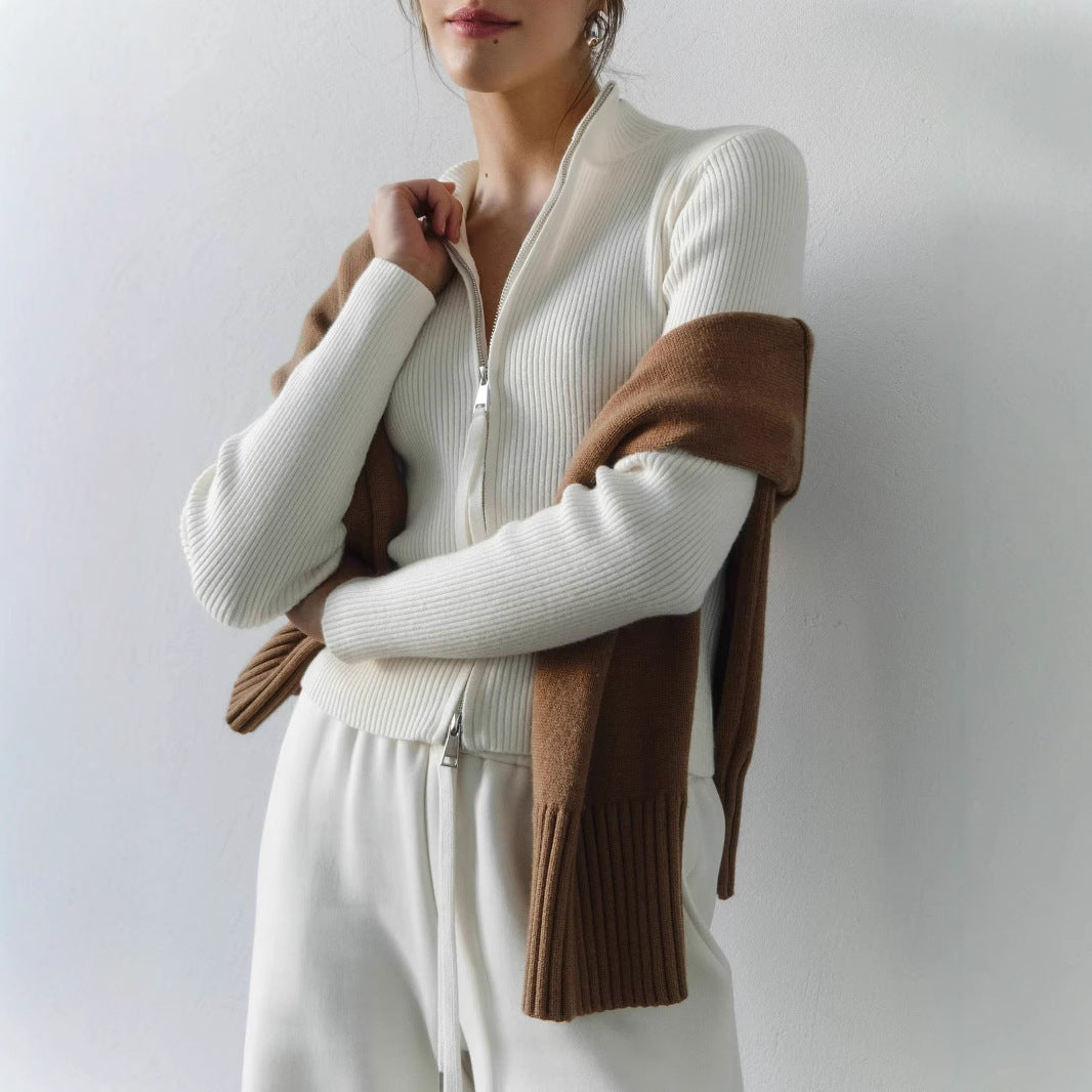 Zipper Slim Fit Top Stand Collar High Waist Trendy Long-sleeve Sweater Bottoming