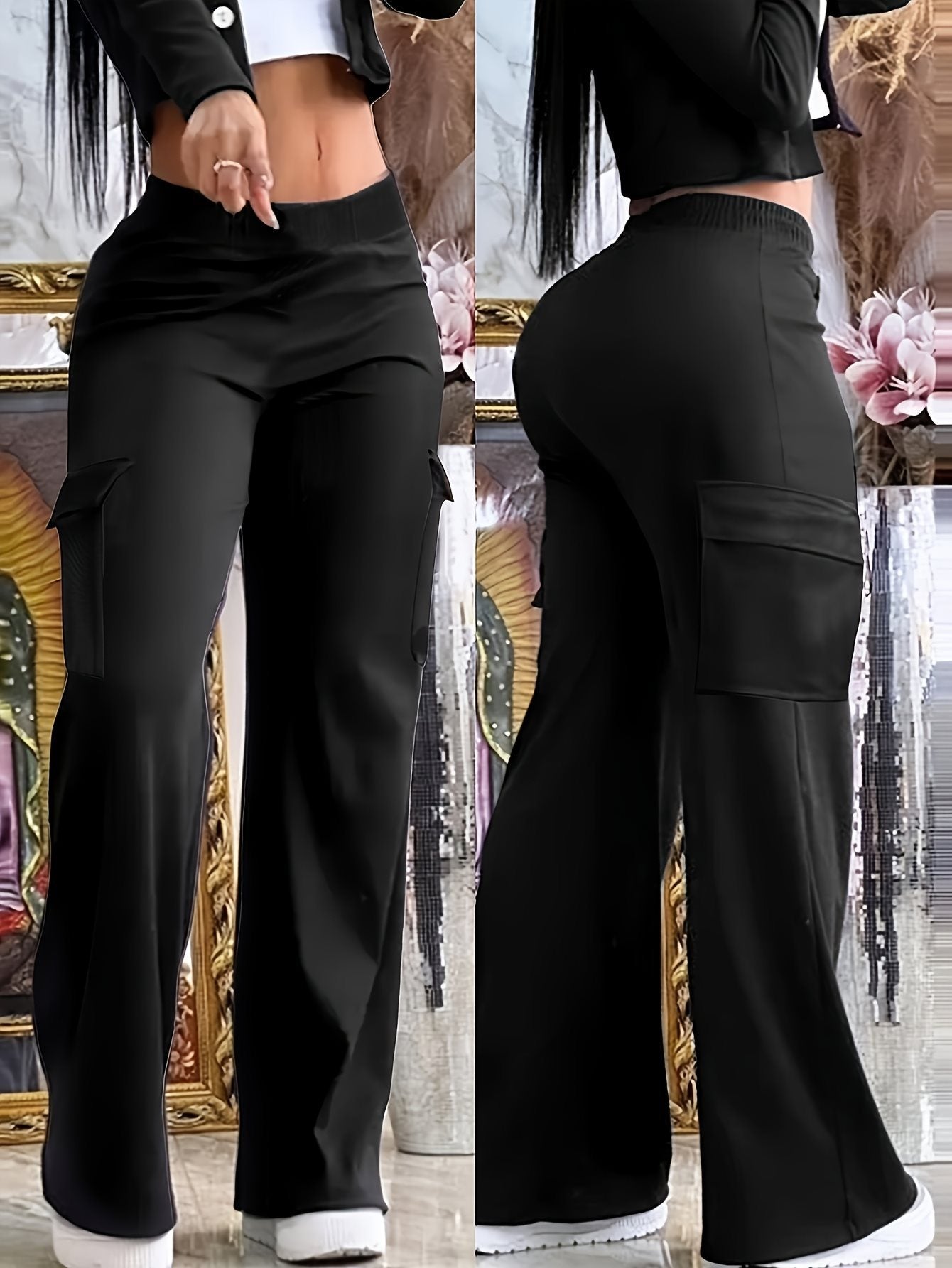 Black Wide Leg Multi-pocket Comfortable Trousers