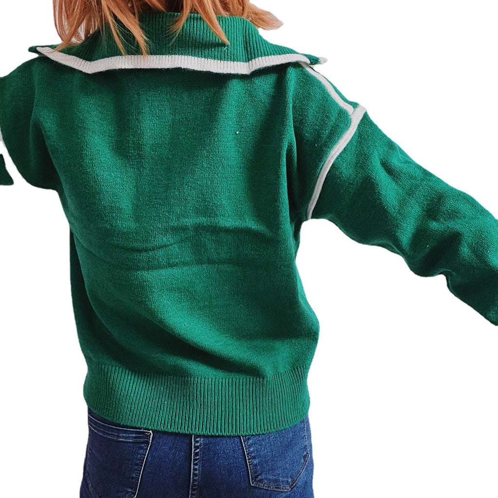 Casual Knitted Zipper And Lapel Contrast Color Long Sleeves Women's