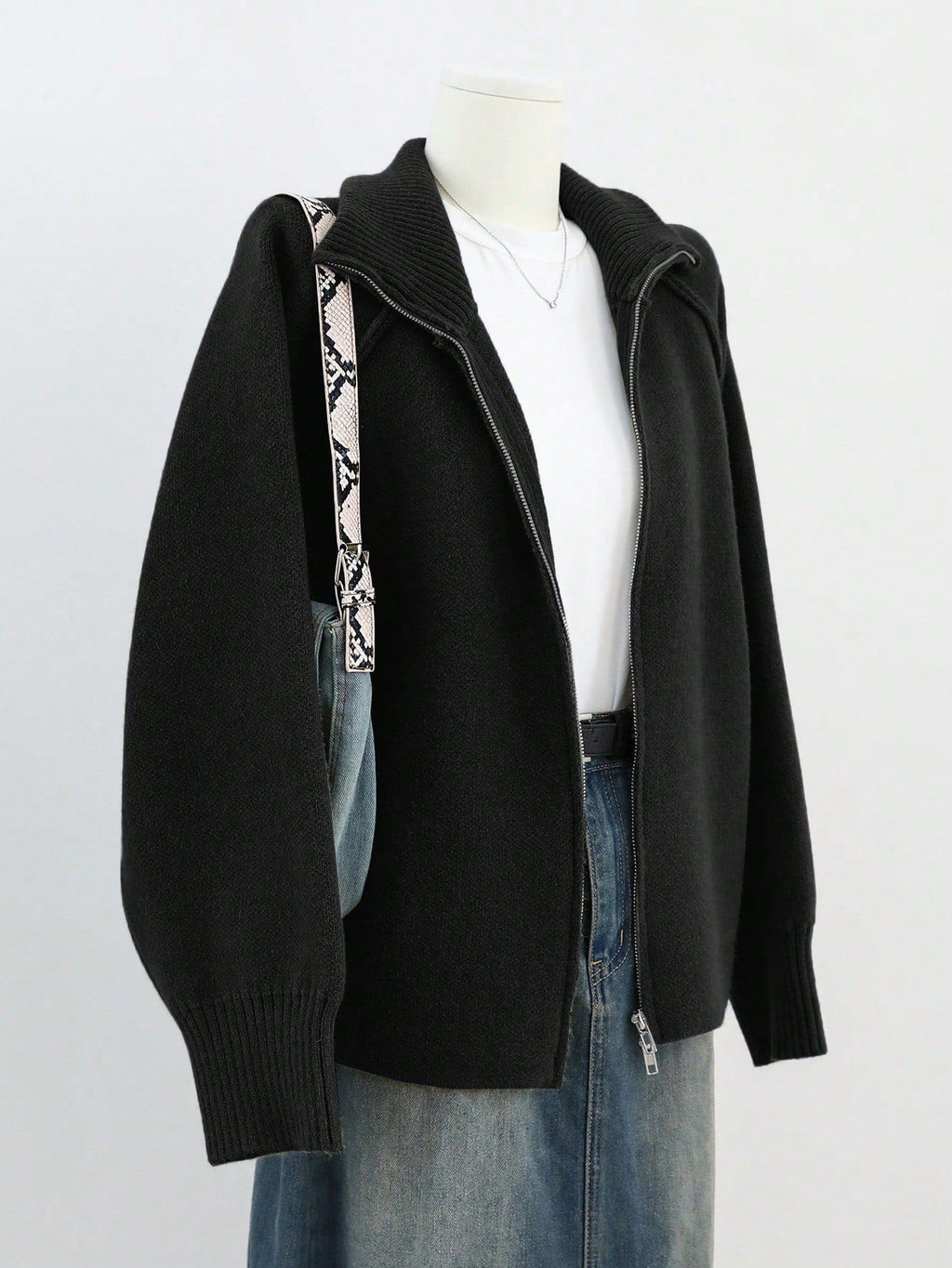 Solid Color Stand Collar Zipper Knitted Cardigan Top