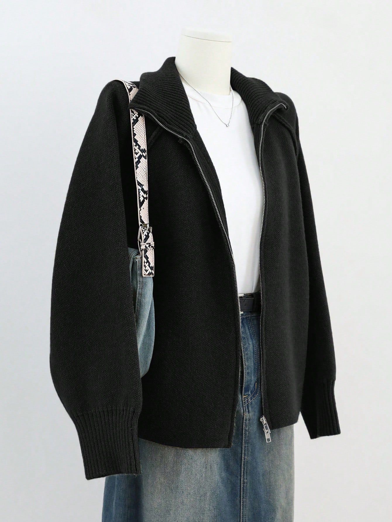 Solid Color Stand Collar Zipper Knitted Cardigan Top