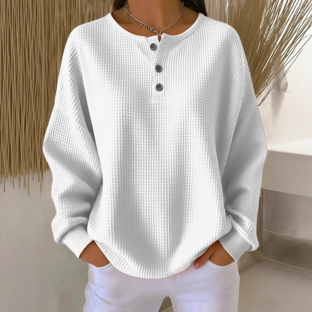 Round Neck Waffle Solid Color Pullover Loose Top
