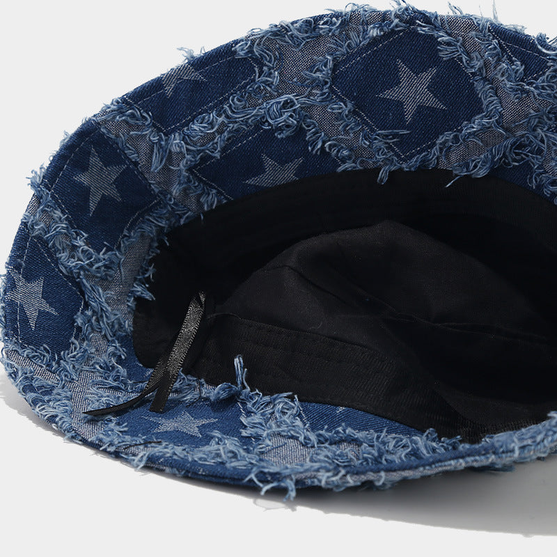 Autumn New Five-pointed Star Raw Edge Denim Bucket Hat