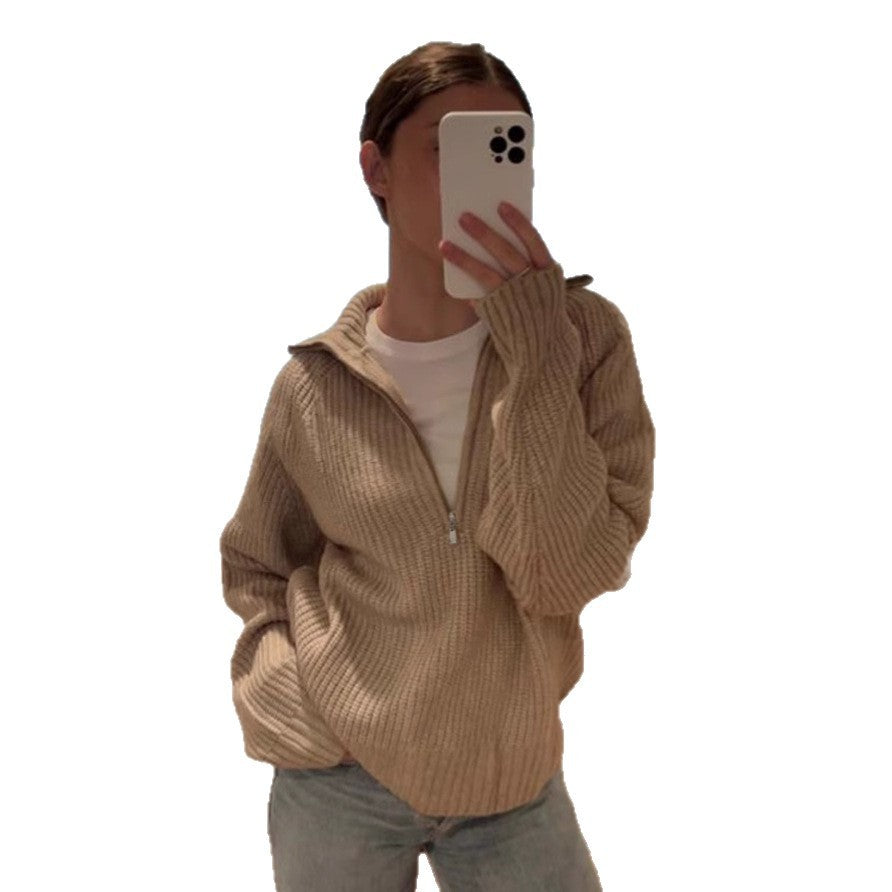 Half Open Placket Zipper Pullover Knitted Top