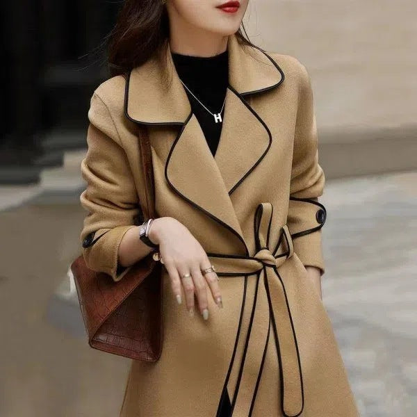 Western Style Contrast Color Mid-length Woolen Coat