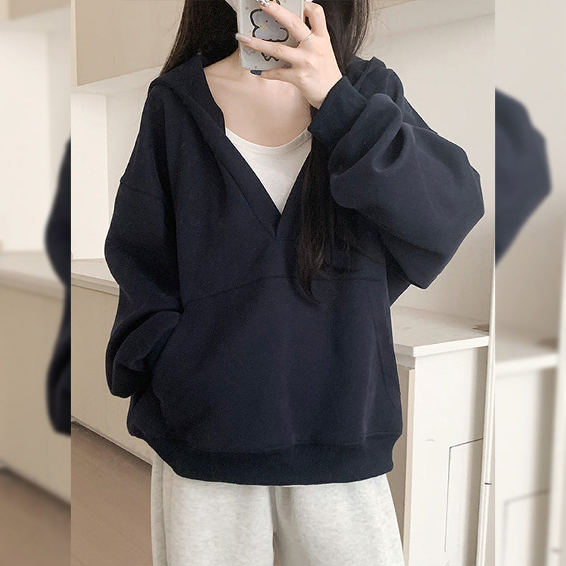 Gray Hooded Sweater For Women Fleece-lined Thick Loose Casual Sweatshirt