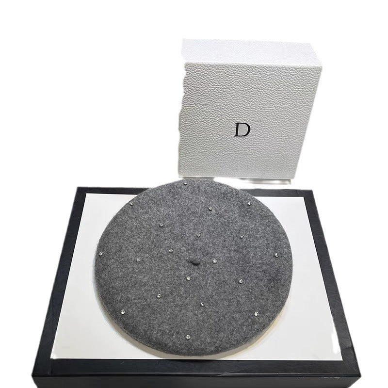 Japanese And Korean Woolen Black Crystal Beret Women's British Retro