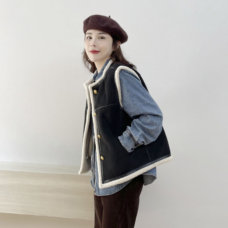 Retro Crew Neck Short Leather And Fur Vest