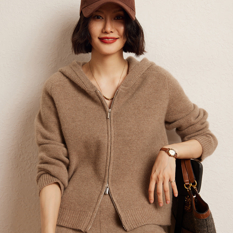 Women's Cashmere Hooded Zip Cardigan Sweater