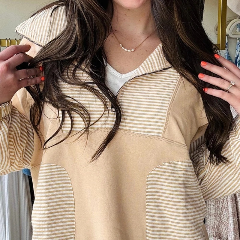 Zipper Stripes Patchwork Cold-shoulder Loose Long Sleeve Top