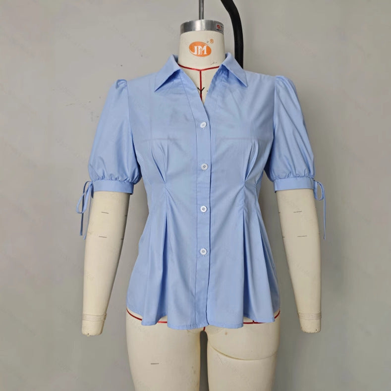 Polyester Women's Waist Tight Waist A Swing Short Sleeve Cuff Lace-up Shirt