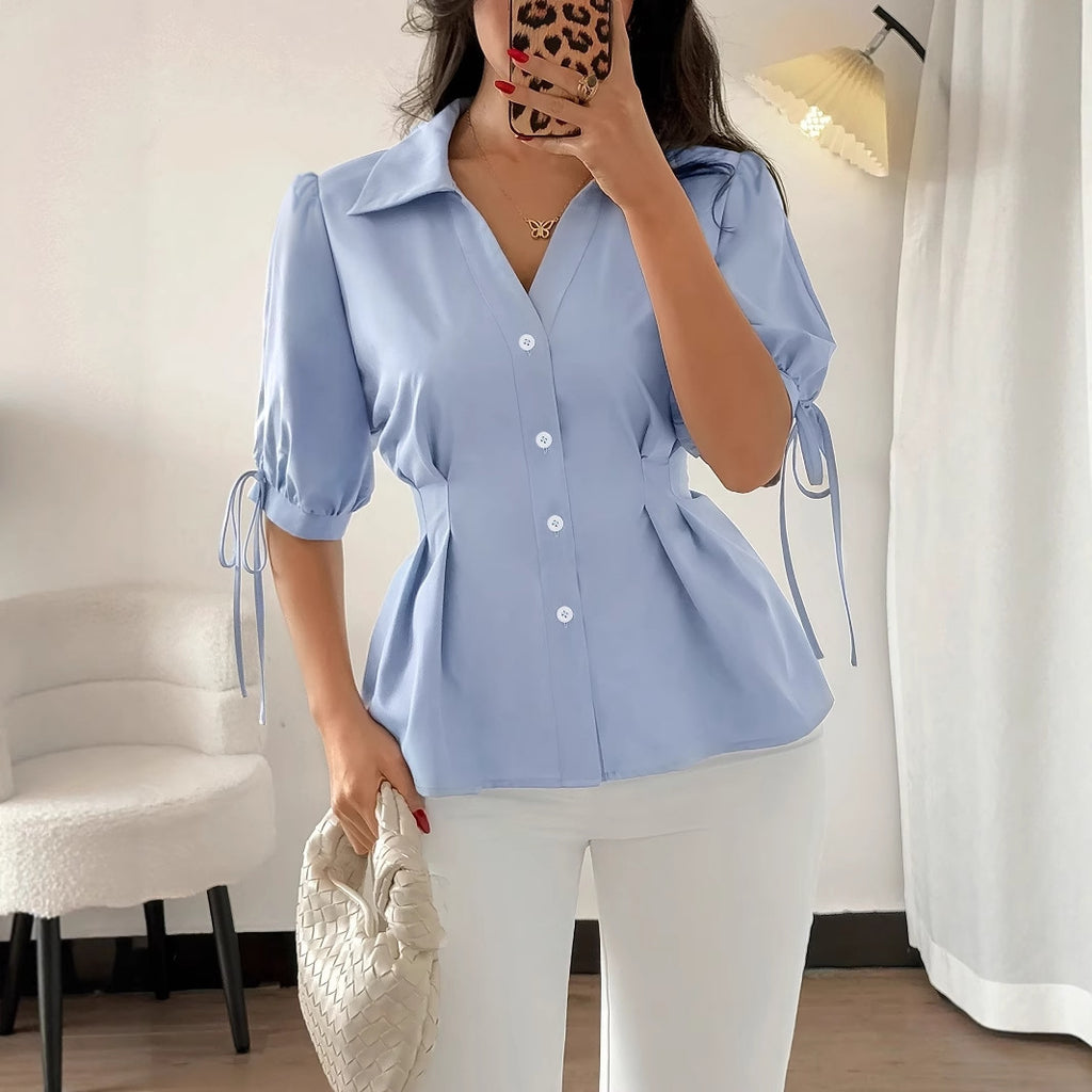 Polyester Women's Waist Tight Waist A Swing Short Sleeve Cuff Lace-up Shirt