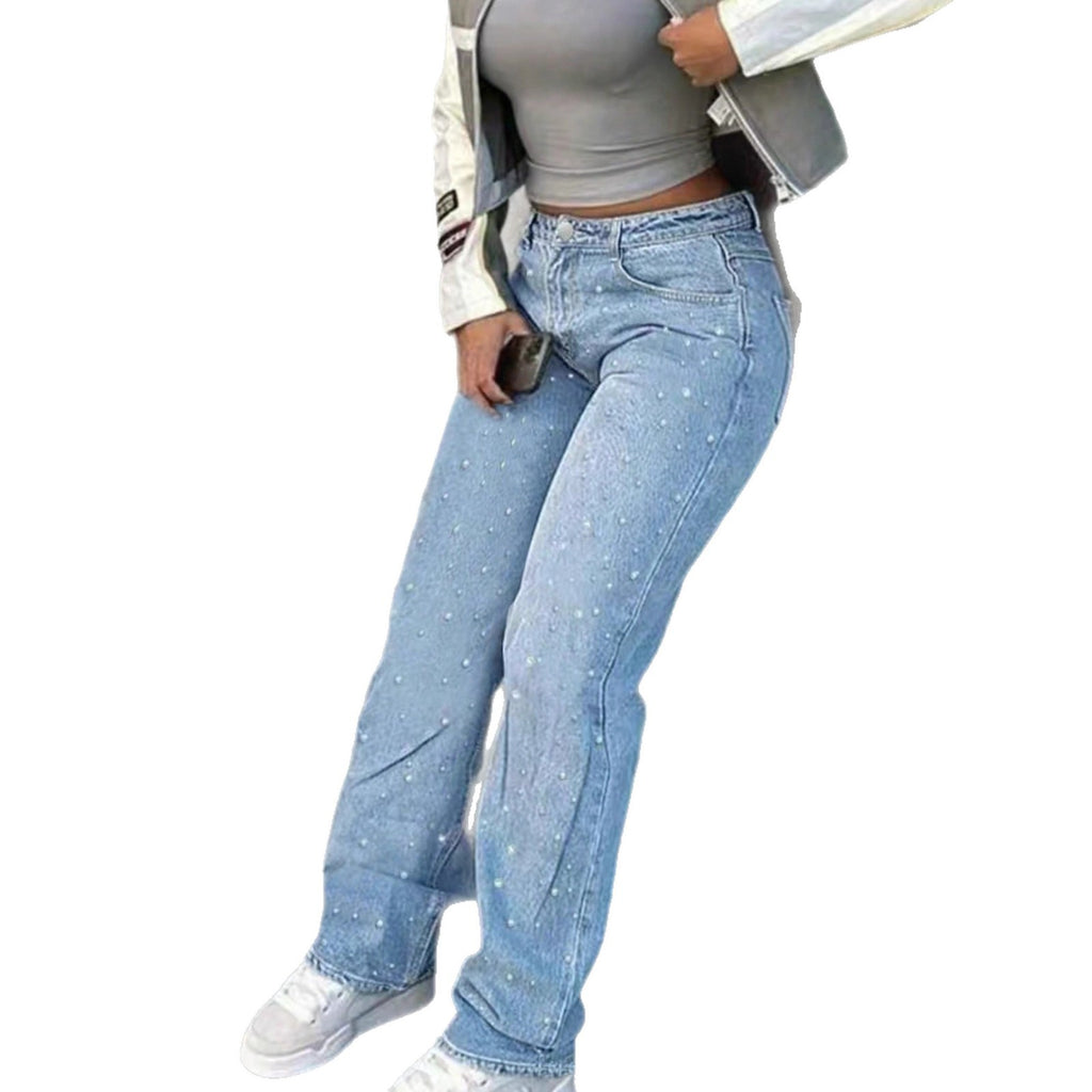 Elegant Elegant Party Rhinestone Women Wide-leg Jeans
