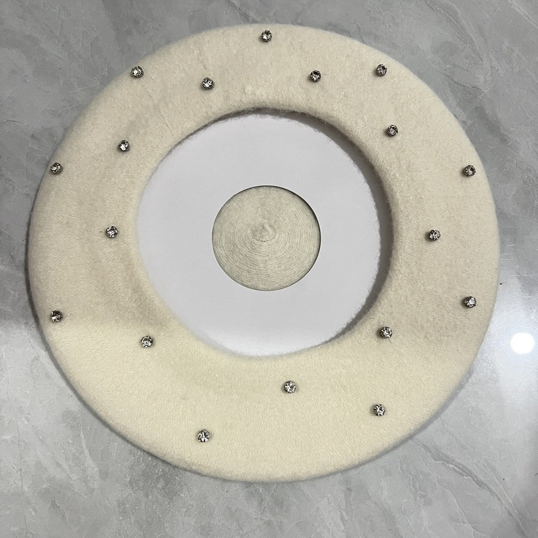 Japanese And Korean Woolen Black Crystal Beret Women's British Retro