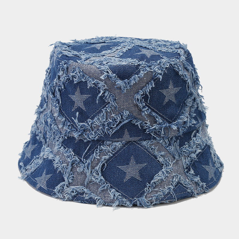 Autumn New Five-pointed Star Raw Edge Denim Bucket Hat
