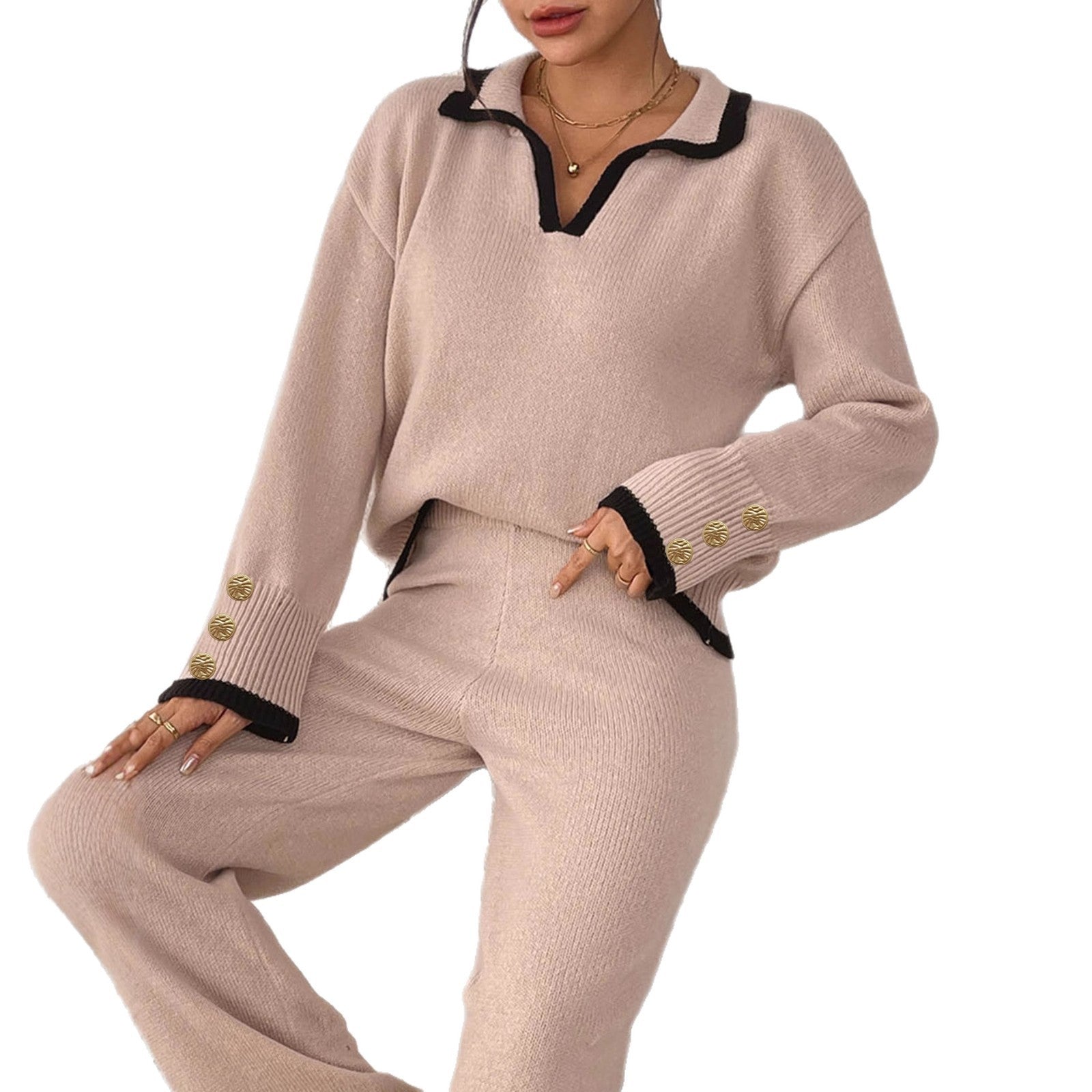 Women's Lapel Color Contrast Patchwork Gold Fastener Decoration Top