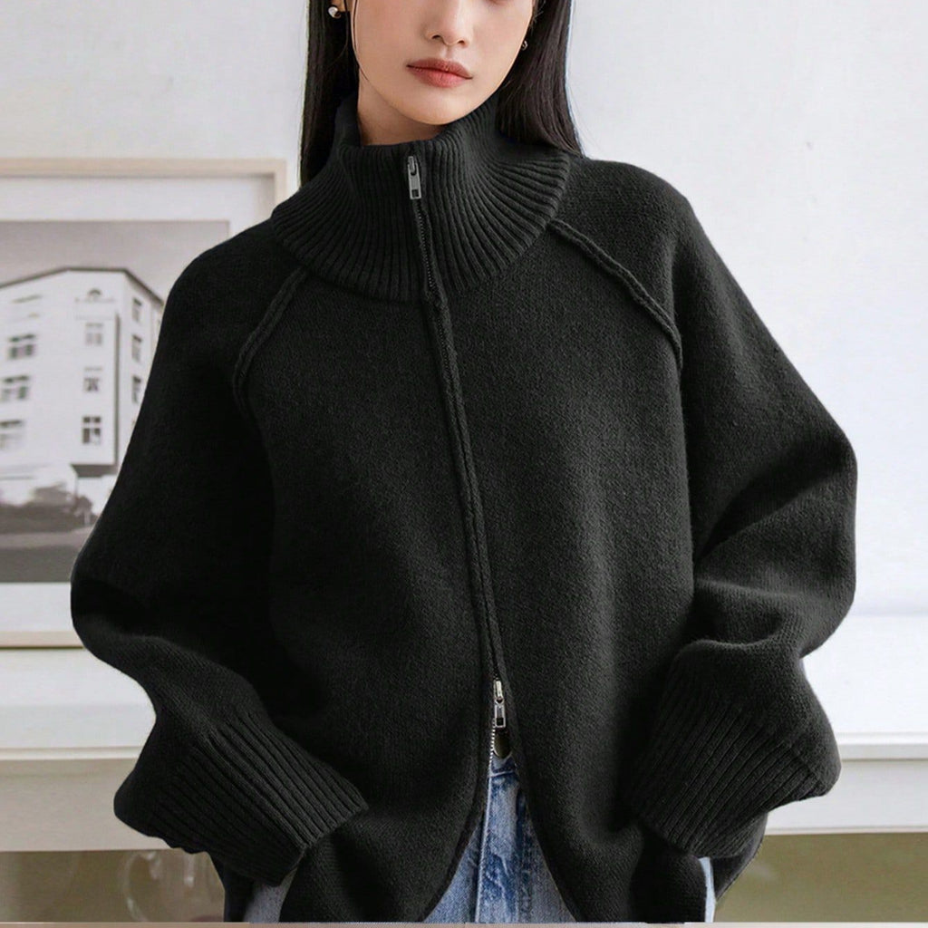 Solid Color Stand Collar Zipper Knitted Cardigan Top