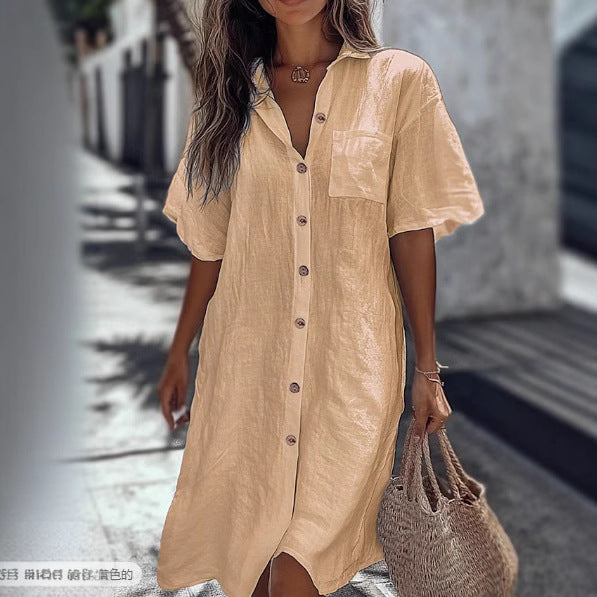 Long Button Short Sleeve Linen Elegant Shirt