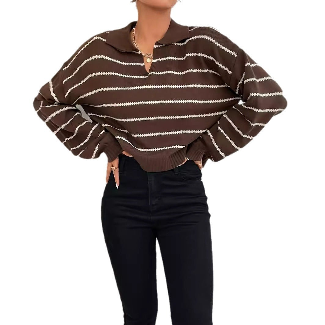 Winter Loose All-matching Striped Lapel Knitted Pullover Sweater
