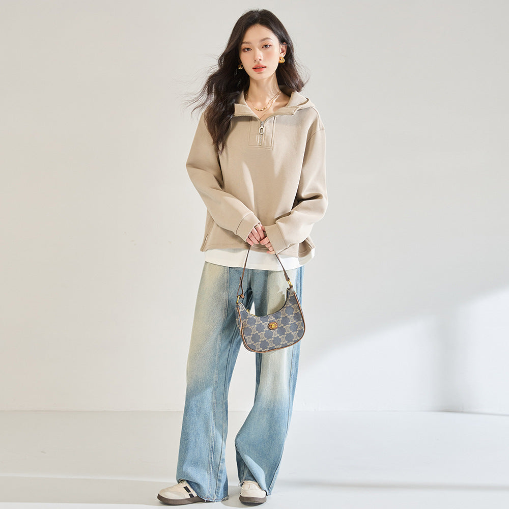 Fake Two-piece Air Layer Casual Half Loose Zip Top