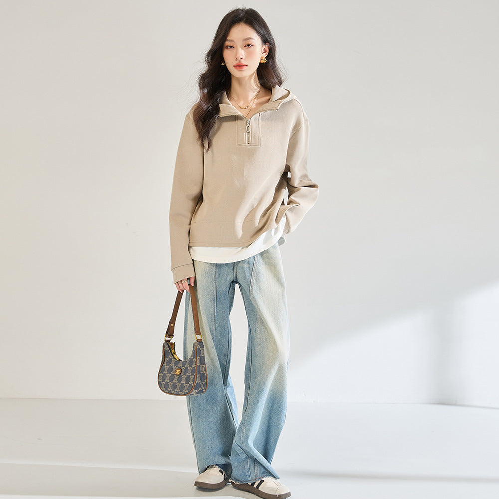 Fake Two-piece Air Layer Casual Half Loose Zip Top