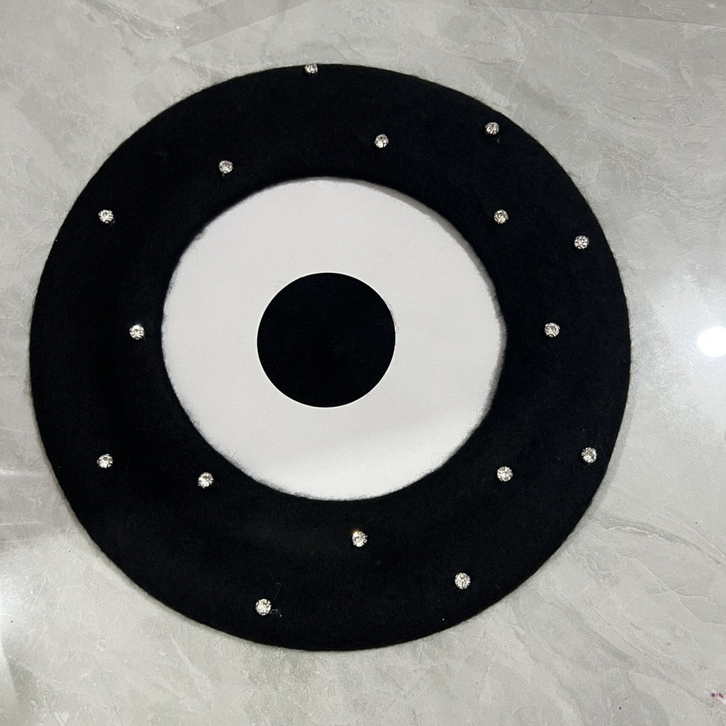 Japanese And Korean Woolen Black Crystal Beret Women's British Retro