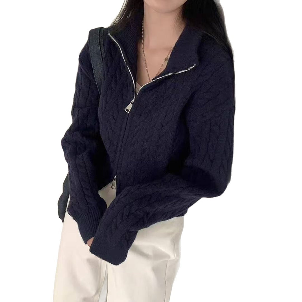 High-grade Lapel Double Zipper Twist Solid Color Sweater