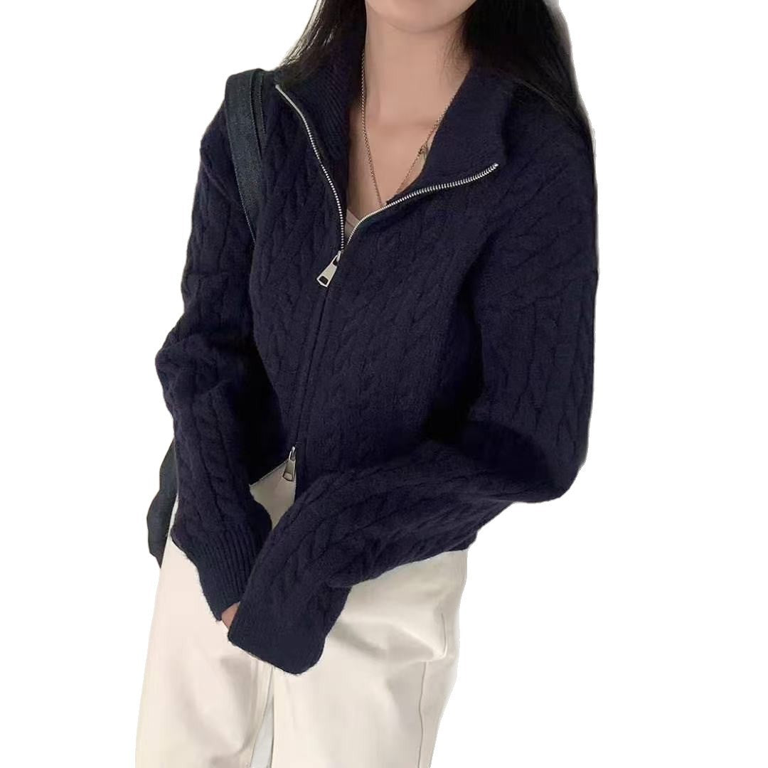 High-grade Lapel Double Zipper Twist Solid Color Sweater