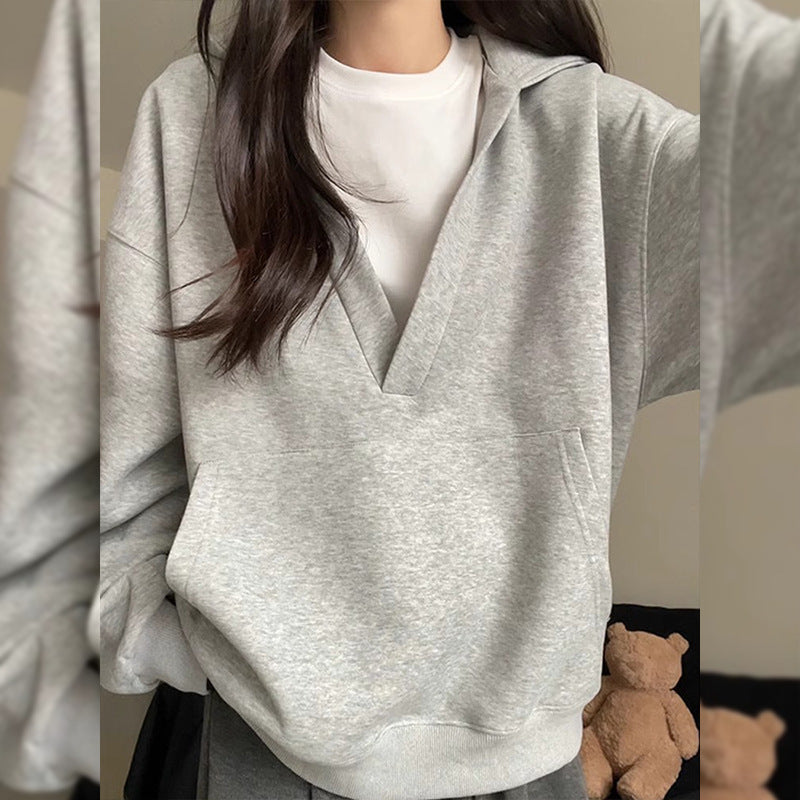 Gray Hooded Sweater For Women Fleece-lined Thick Loose Casual Sweatshirt