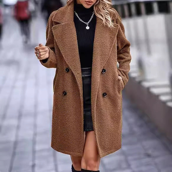 Fashion Button Pocket Long Sleeve Plush Women's Coat