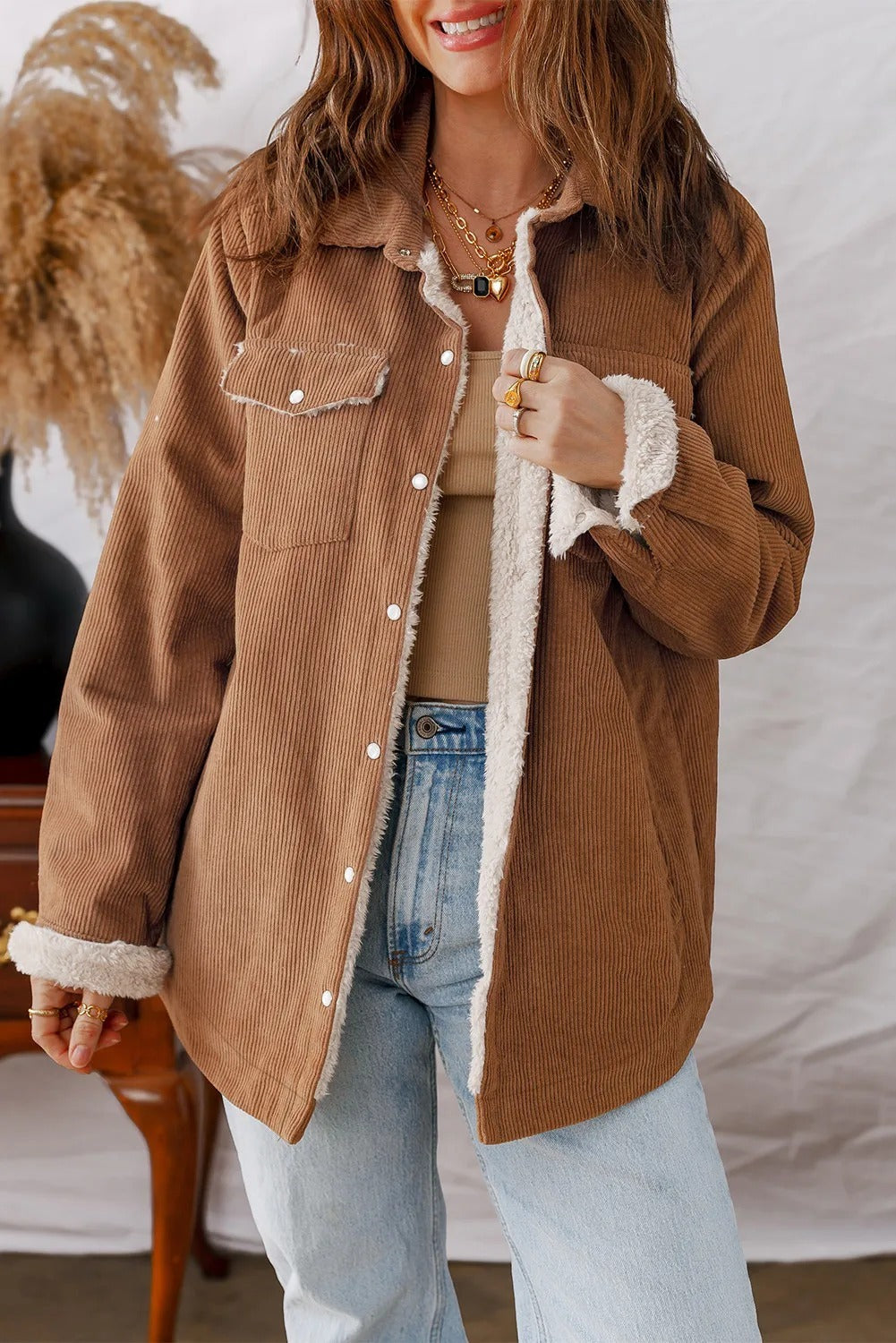 Cinnamon Fleece Lined Buttoned Flap Pockets Corduroy Jacket