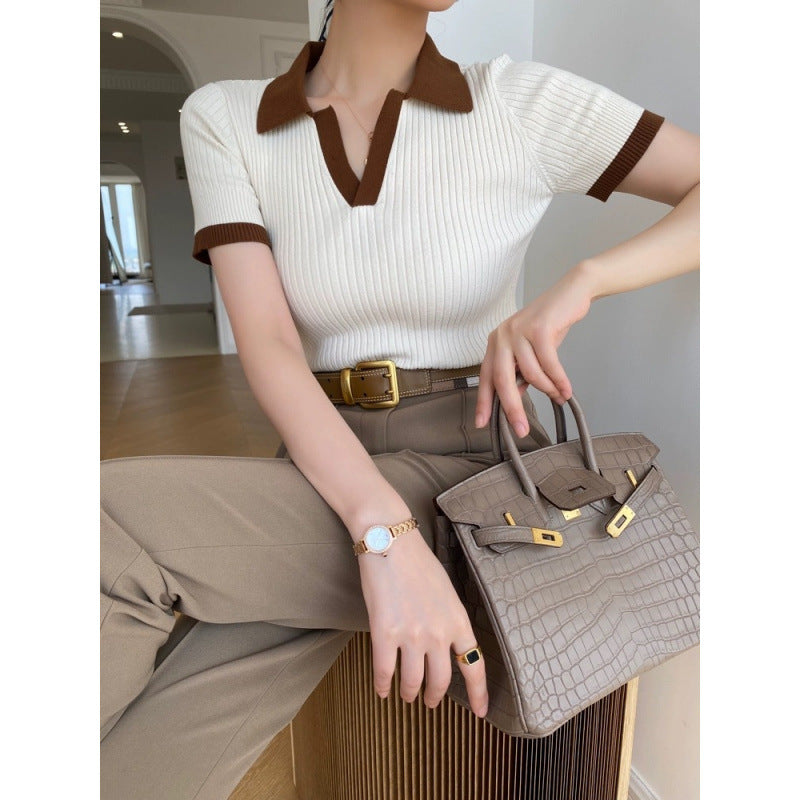 Women's French Retro Color Effect Collar Knitted Short Sleeve
