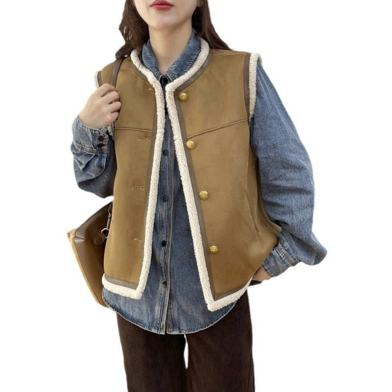 Retro Crew Neck Short Leather And Fur Vest