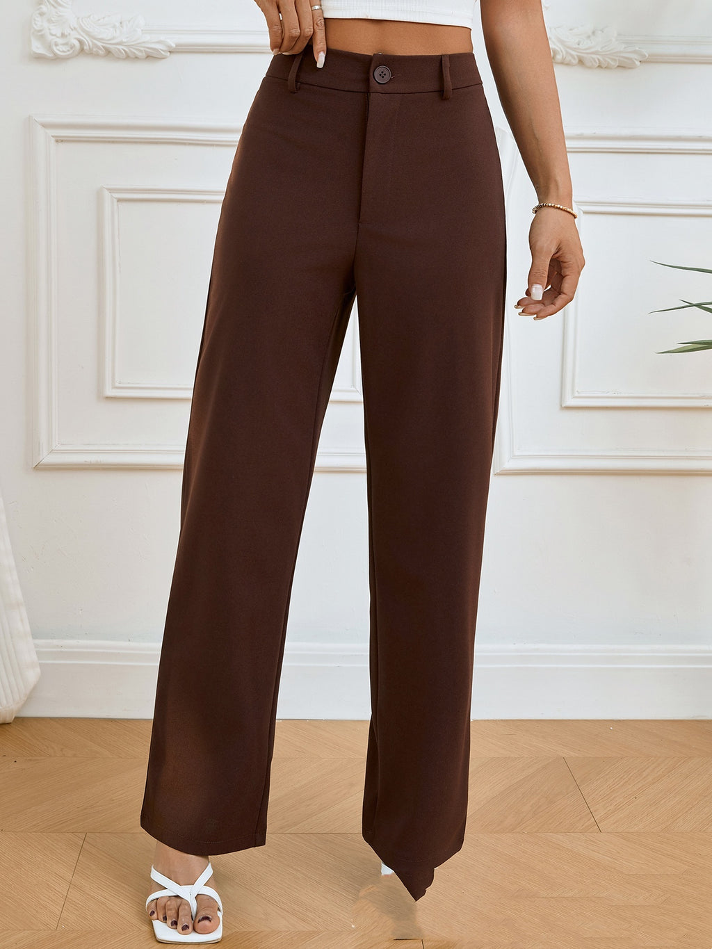 Spring And Autumn Solid Color Pocket Elastic Waist Pleated Casual Straight Pants