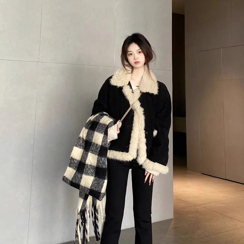 Lamb Wool Coat Women's Black Long Sleeve