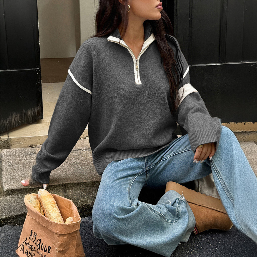 Simple Solid Color Long Sleeve Zipper Sweaters Women's Clothing